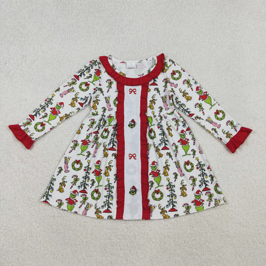 GLD1289 Green Frog Bows Embroidery Girls Christmas Knee Length Dress
