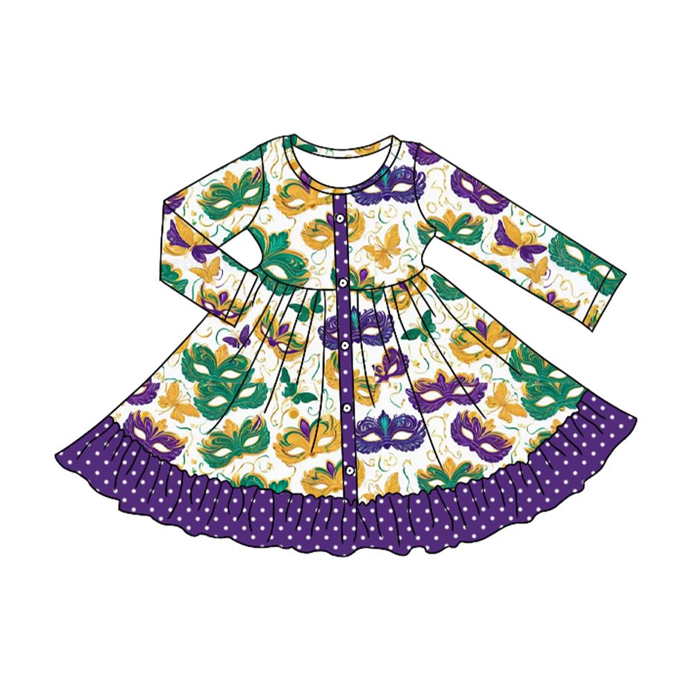 (Pre-order)GLD1294 Mask Print Girls Mardi Gras Knee Length Dress