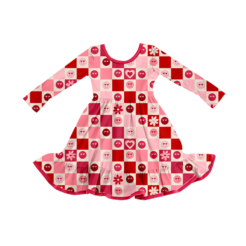 (Pre-order)GLD1297 Smiling Face Heart Flowers Plaid Print Girls Valentine's Day Knee Length Dress
