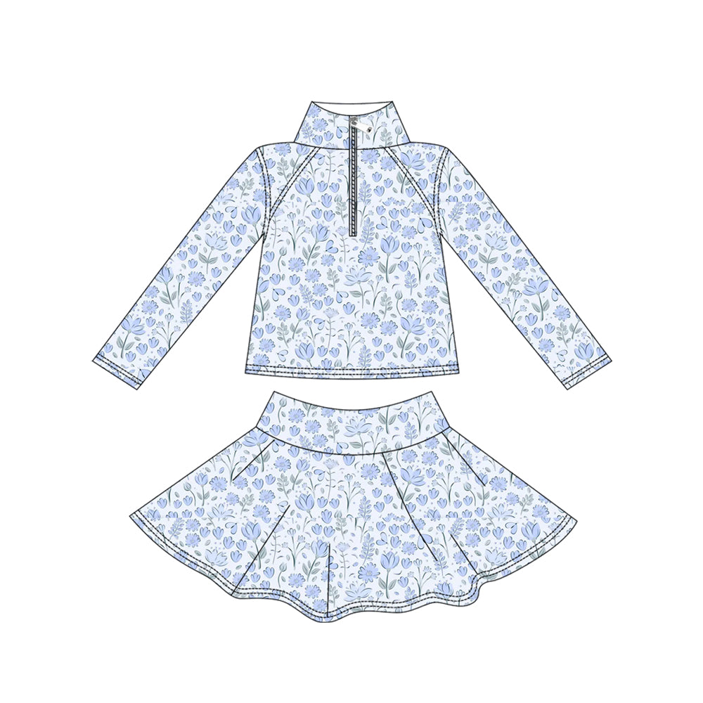 (Pre-order)GLD1310 Blue Flowers Zipper Pullover Top Skirts Shorts Girls Yoga Outfits