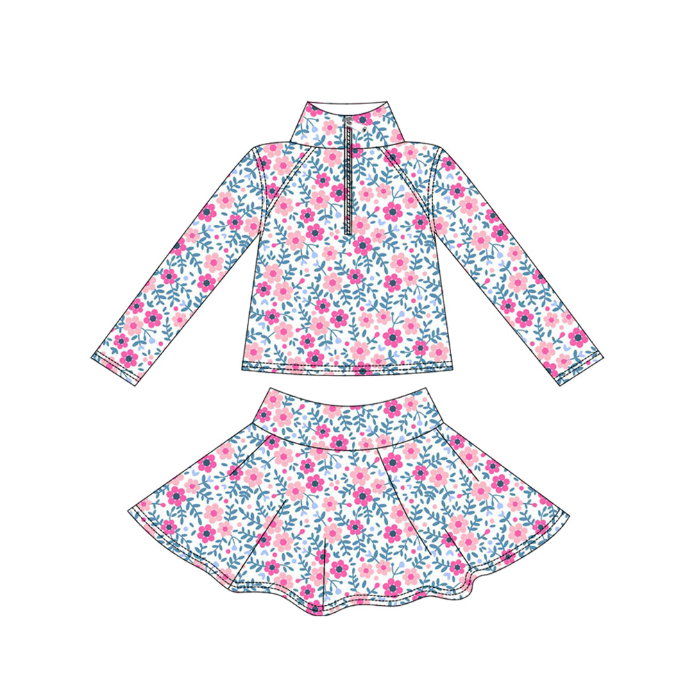 (Pre-order)GLD1311 Pink Flowers Zipper Pullover Top Skirts Shorts Girls Yoga Outfits