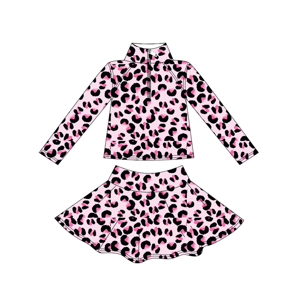 (Pre-order)GLD1313 Pink Leopard Zipper Pullover Top Skirts Shorts Girls Yoga Outfits