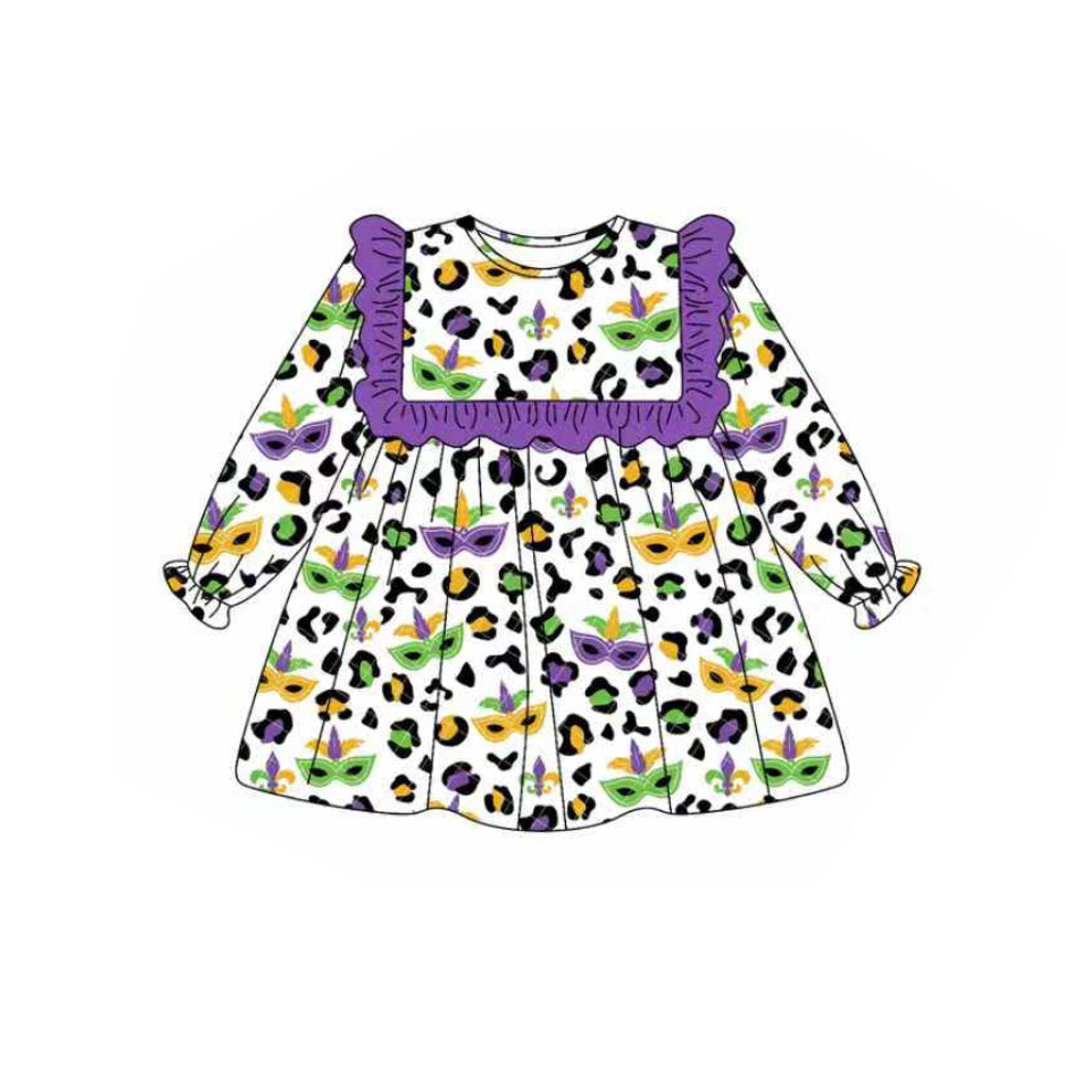 (Pre-order)GLD1319 Mask Leopard Print Girls Mardi Gras Knee Length Dress