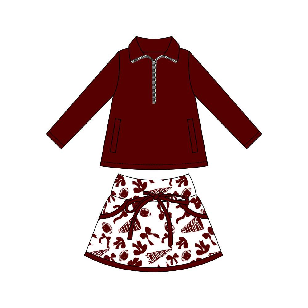 (Pre-order)GLD1324 Wine Zipper Pullover Top Go Team Bows Skirts Shorts Girls Outfits