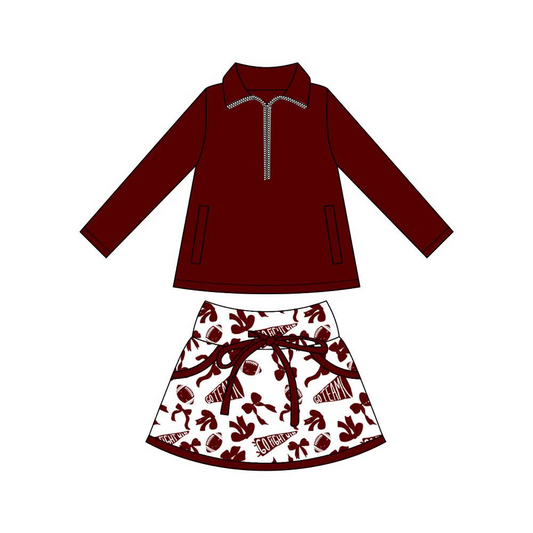 (Pre-order)GLD1324 Wine Zipper Pullover Top Go Team Bows Skirts Shorts Girls Outfits