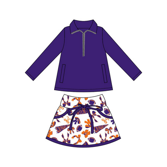 (Pre-order)GLD1326 Purple Zipper Pullover Top Go Team Bows Skirts Shorts Girls Outfits
