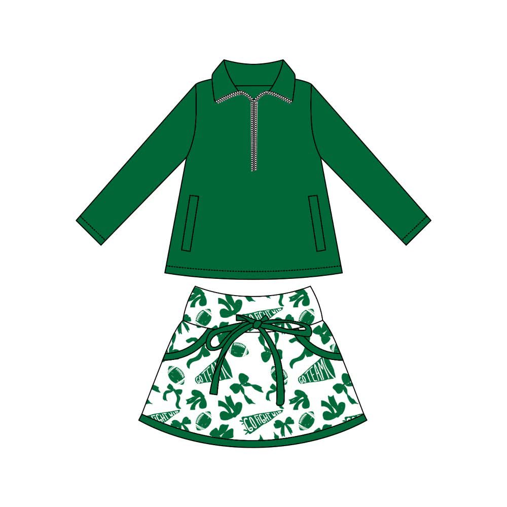 (Pre-order)GLD1327 Green Zipper Pullover Top Go Team Bows Skirts Shorts Girls Outfits