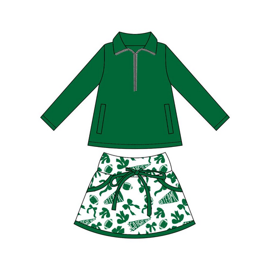 (Pre-order)GLD1327 Green Zipper Pullover Top Go Team Bows Skirts Shorts Girls Outfits