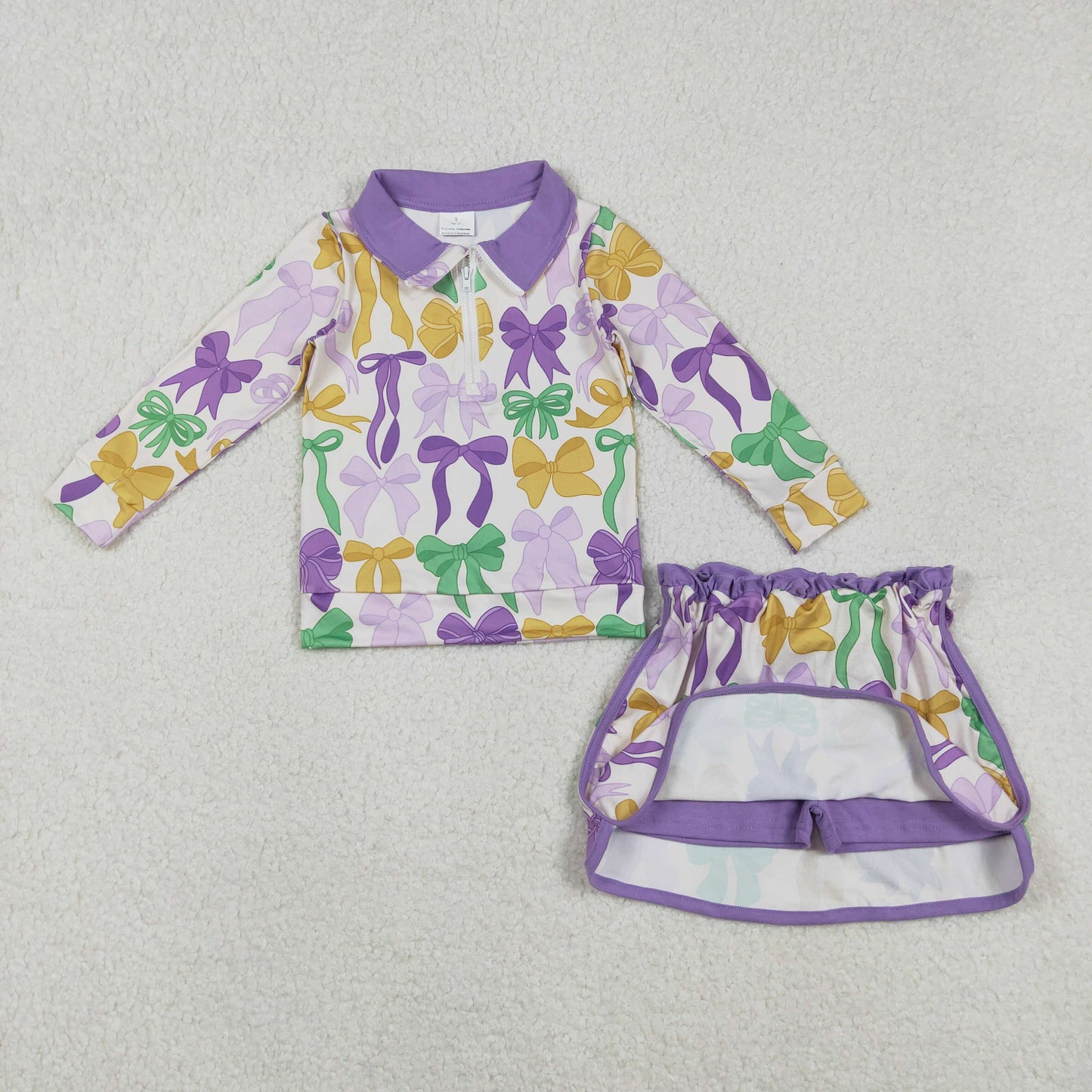 GLD1333 Colorful Bows Zipper Top Skirts Shorts Girls Mardi Gras Clothes Set