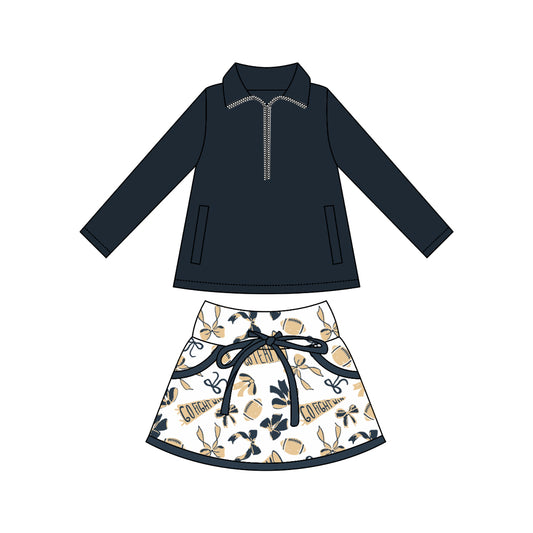 (Pre-order)GLD1337 Navy Zipper Pullover Top Go Team Bows Skirts Shorts Girls Yoga Outfits