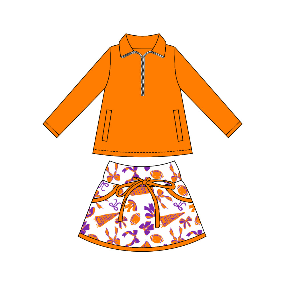 (Pre-order)GLD1338 Orange Zipper Pullover Top Go Team Bows Skirts Shorts Girls Yoga Outfits