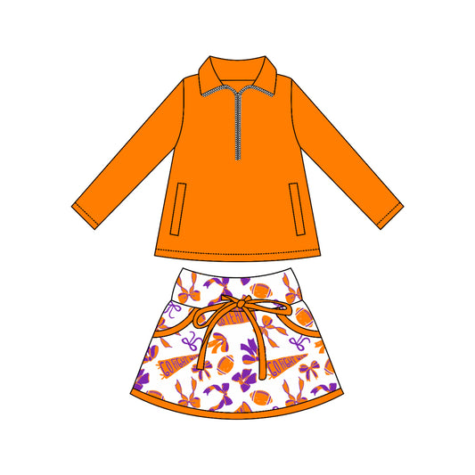 (Pre-order)GLD1338 Orange Zipper Pullover Top Go Team Bows Skirts Shorts Girls Yoga Outfits