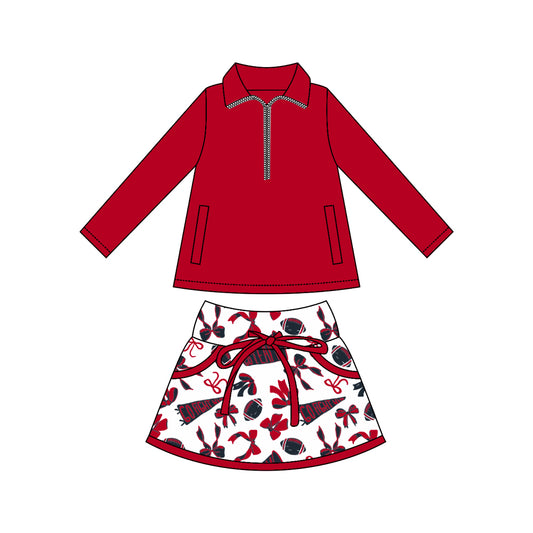 (Pre-order)GLD1339 Red Zipper Pullover Top Go Team Bows Skirts Shorts Girls Yoga Outfits