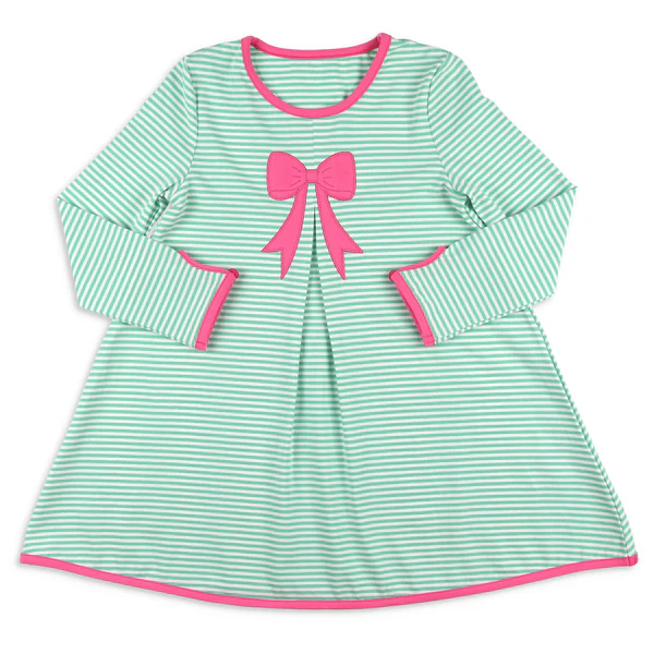 (Pre-order)GLD1342 Bow Green Stripes Print Girls Long Sleeve Knee Length Dress