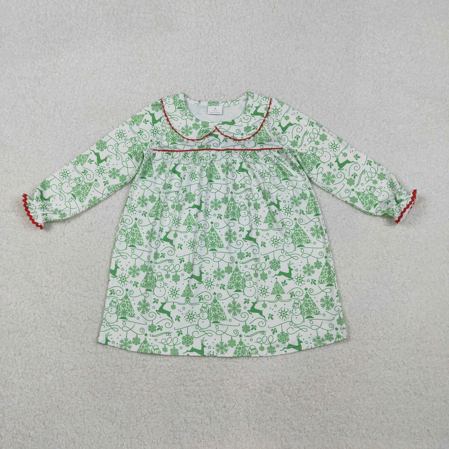 GLD1345 Snowman Green Print Girls Christmas Knee Length Dress