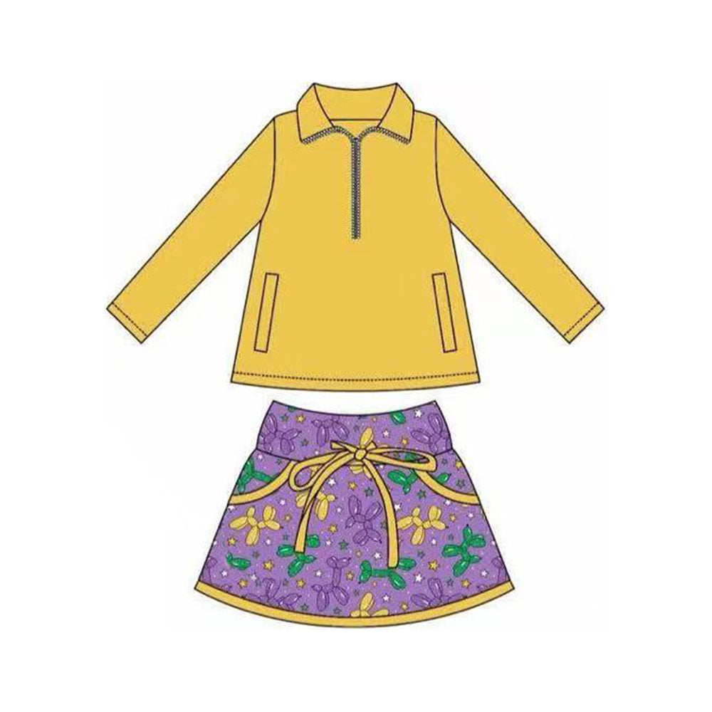 (Pre-order)GLD1353 Yellow Zipper Pullover Top Balloon Dog Purple Skirts Girls Mardi Gras Clothes Set