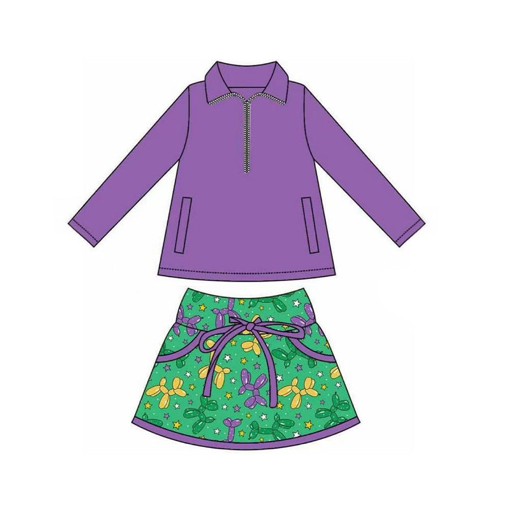 (Pre-order)GLD1355 Purple Zipper Pullover Top Balloon Dog Green Skirts Girls Mardi Gras Clothes Set