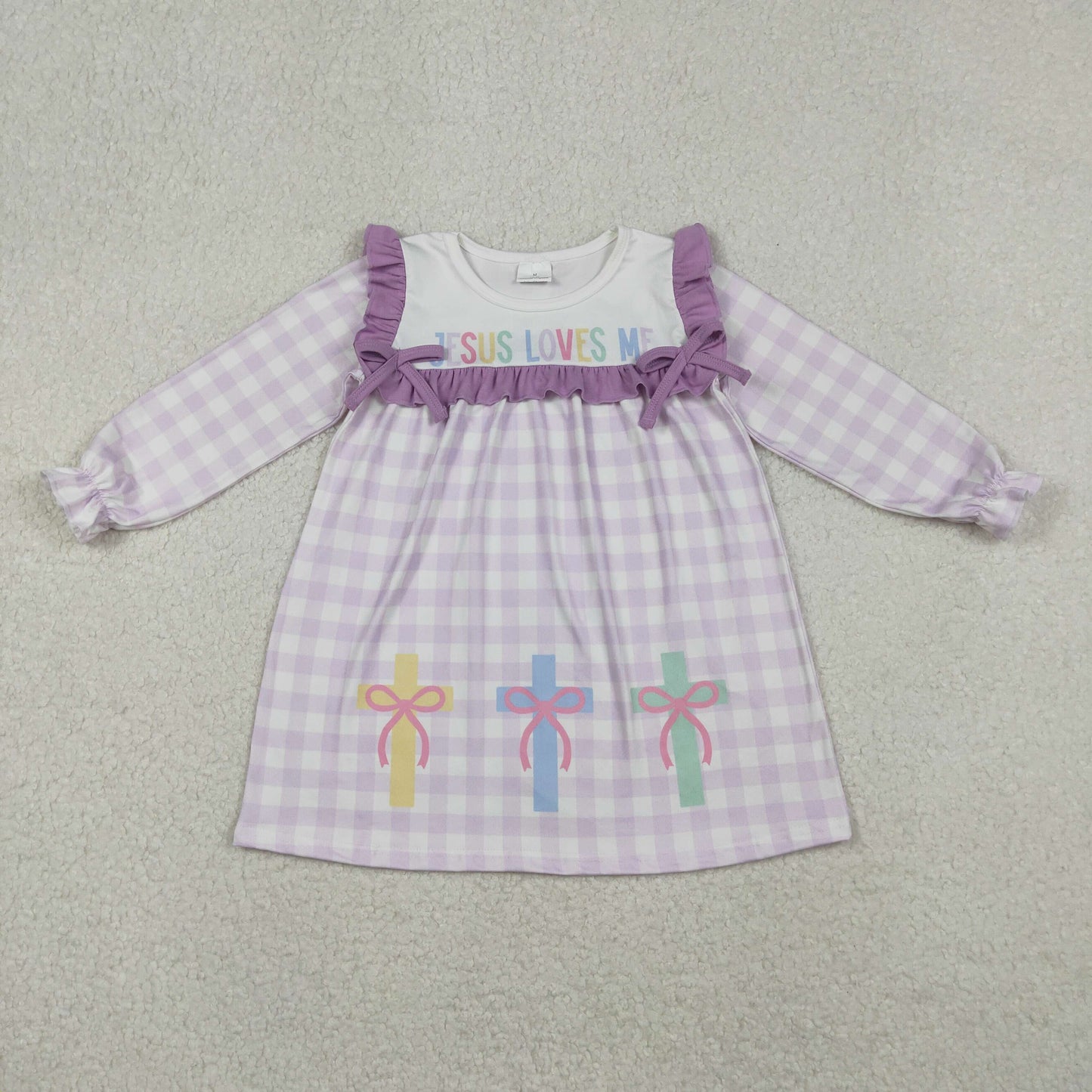 GLD1356 Jesus Loves Me Cross Plaid Print Girls Easter Knee Length Dress