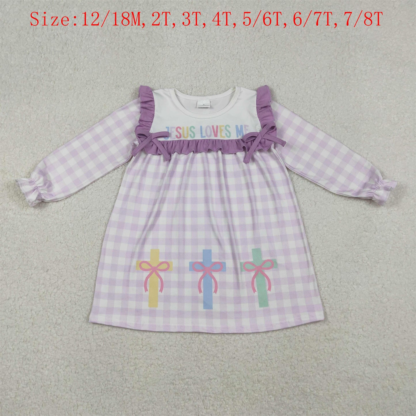 GLD1356 Jesus Loves Me Cross Plaid Print Girls Easter Knee Length Dress