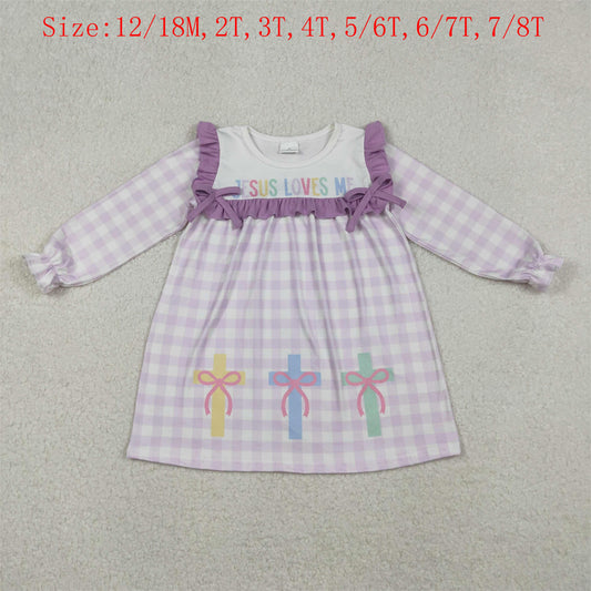 GLD1356 Jesus Loves Me Cross Plaid Print Girls Easter Knee Length Dress