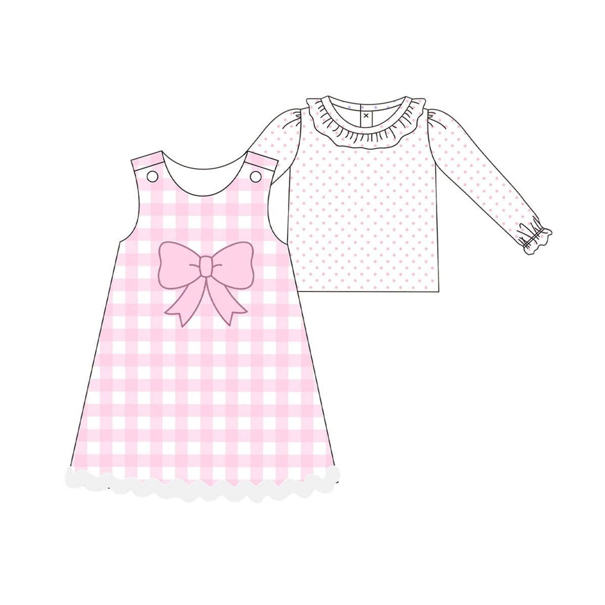 (Pre-order)GLD1357 Dots Top Pink Bow Plaid Girls Clothes Set