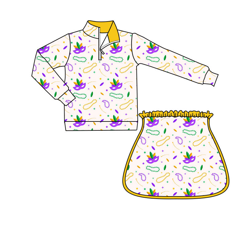 (Pre-order)GLD1370 Mask Zipper Top Shorts Skirts Girls Mardi Gras Yoga Outfits