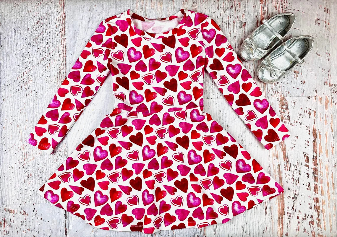 (Pre-order)GLD1378 Red Heart Print Girls Valentine's Day Knee Length Dress