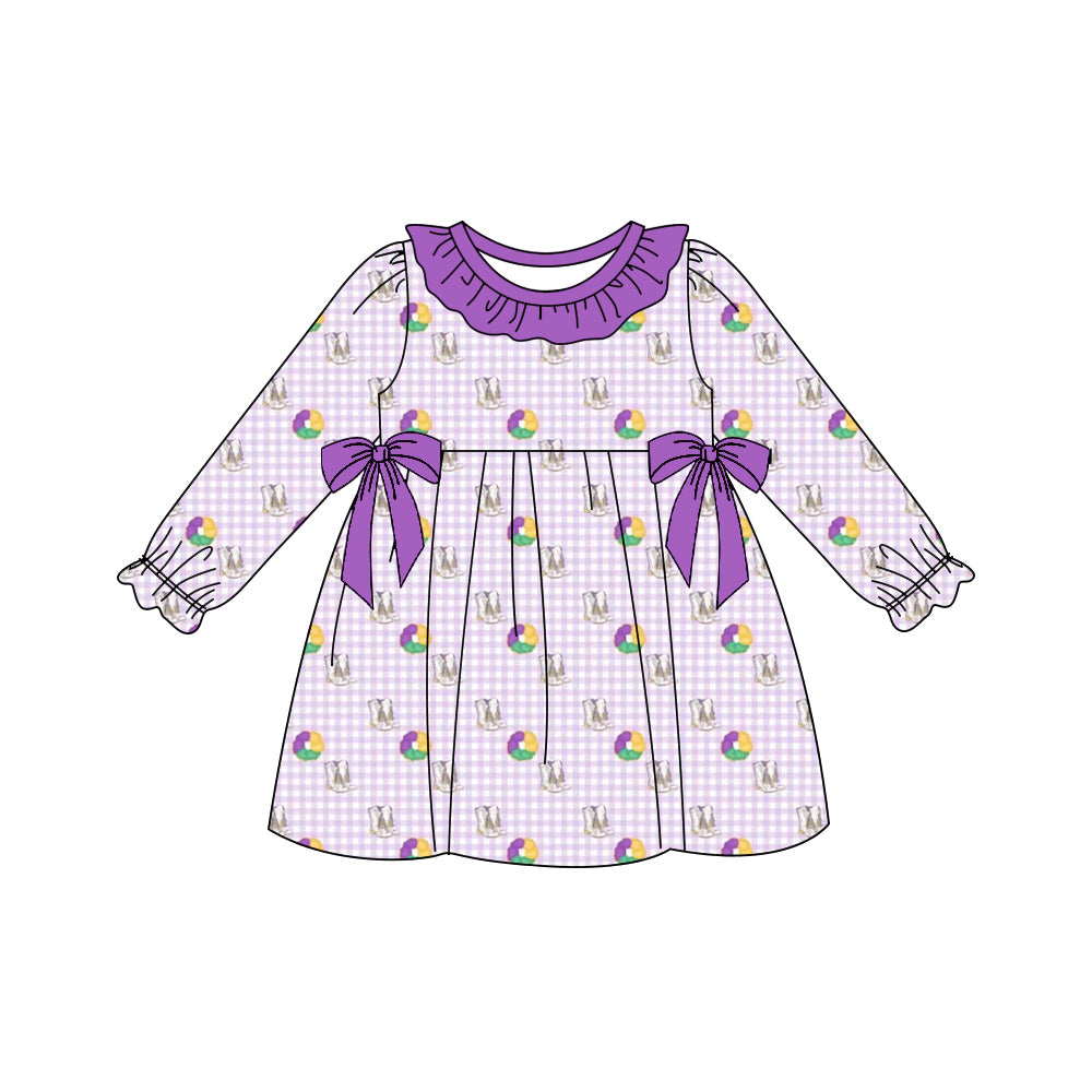 (Pre-order)GLD1379 Donut Purple Print Girls Mardi Gras Knee Length Dress