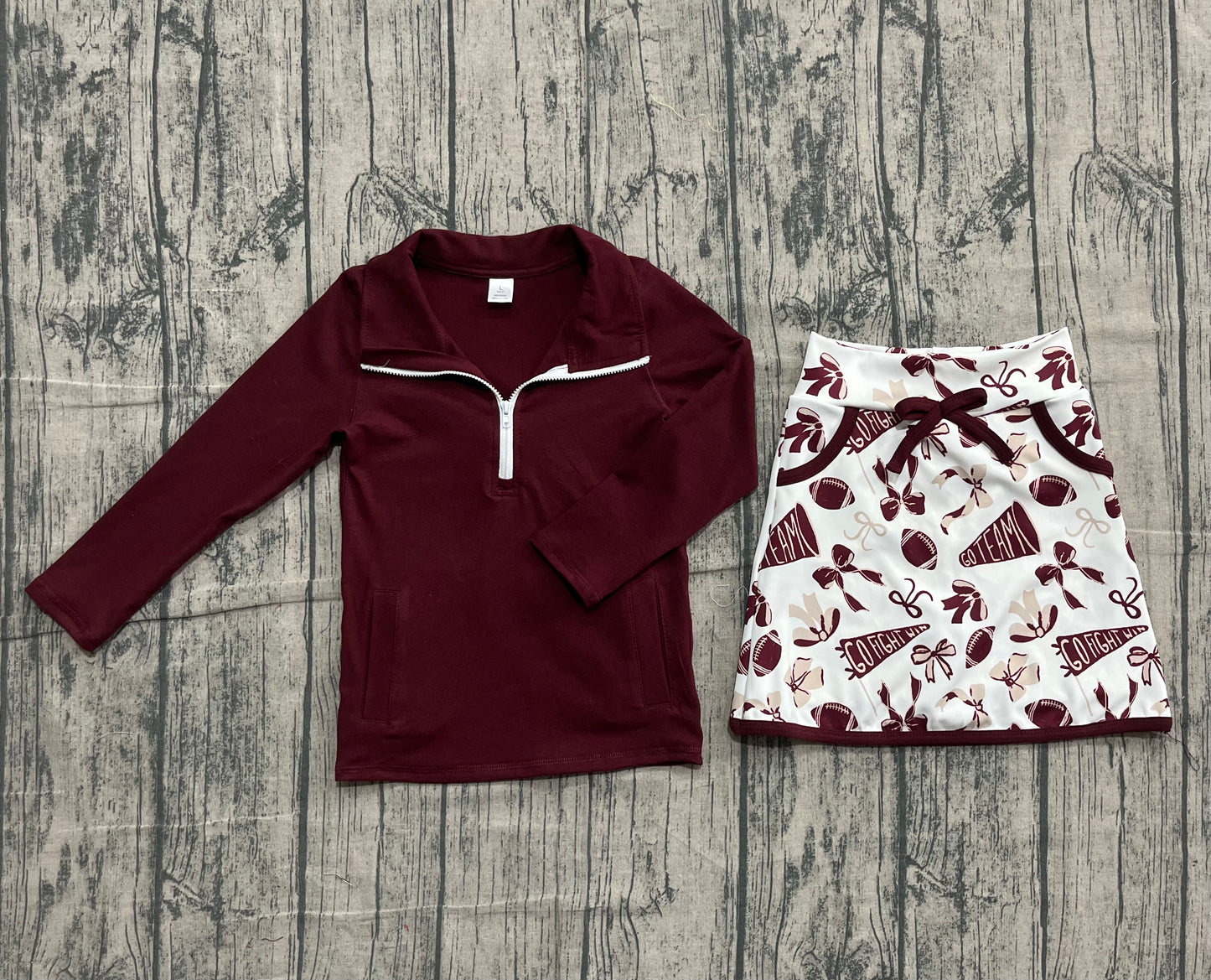 (Pre-order)GLD1384 Wine Zipper Pullover Top Go Team Bows Cheer Skirts Girls Yoga Clothes Set