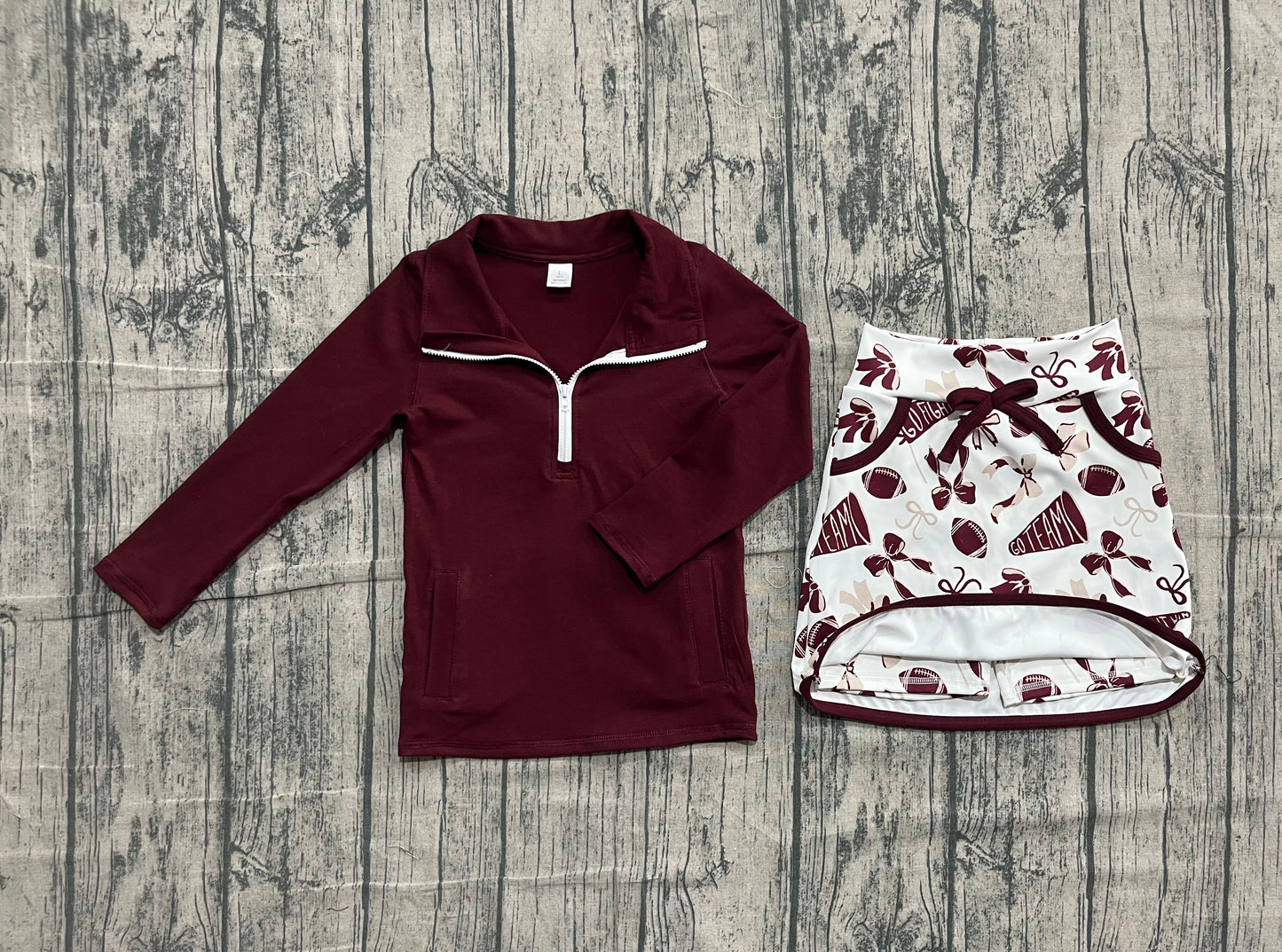 (Pre-order)GLD1384 Wine Zipper Pullover Top Go Team Bows Cheer Skirts Girls Yoga Clothes Set