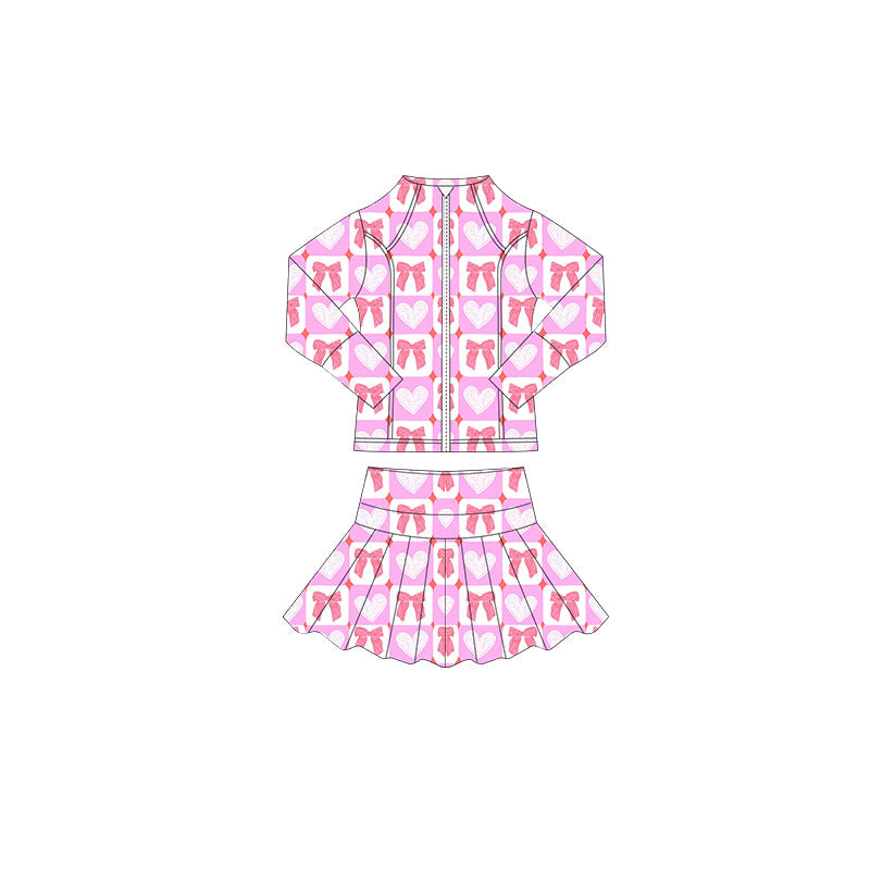 (Pre-order)GLD1387 Heart Bows Plaid Zipper Top Skirts Girls Valentine's Day Yoga Clothes Set