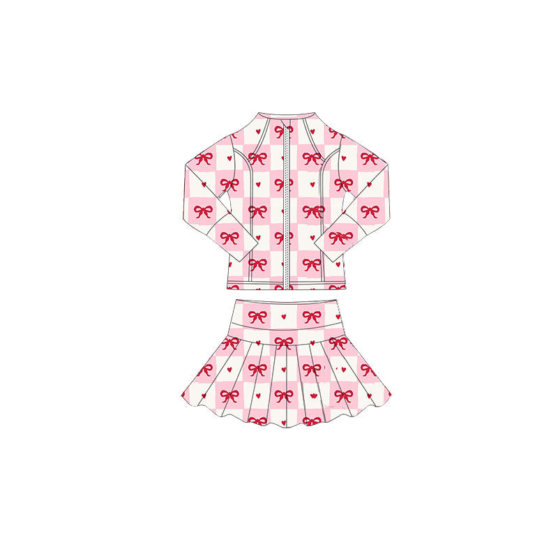 (Pre-order)GLD1389 Heart Bows Plaid Zipper Top Skirts Girls Valentine's Day Yoga Clothes Set