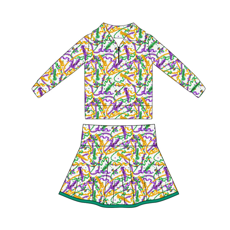 (Pre-order)GLD1404 Feather Anchor Zipper Top Skirts Girls Mardi Gras Yoga Clothes Set