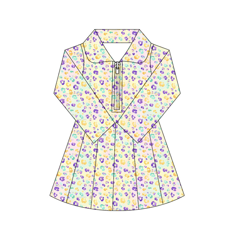 (Pre-order)GLD1410 Colorful Leopard Print Girls Mardi Gras Zipper Knee Length Yoga Dress