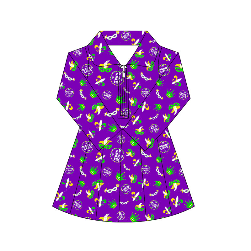 (Pre-order)GLD1413 Mask Anchor Purple Print Girls Mardi Gras Zipper Knee Length Yoga Dress