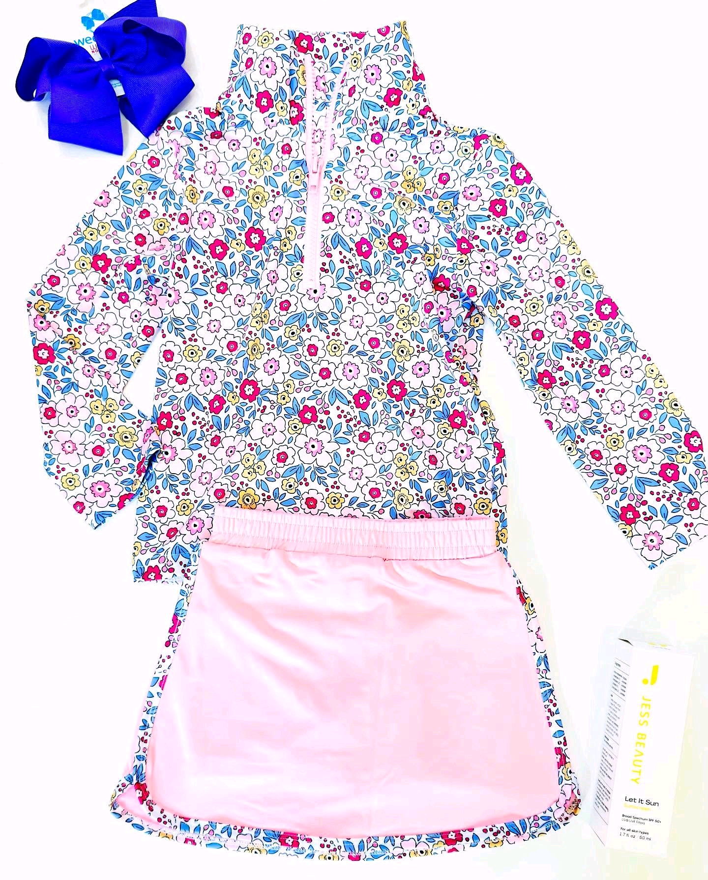 (Pre-order)GLD1423 Flowers Zipper Top Pink Skirts Girls Yoga Clothes Set