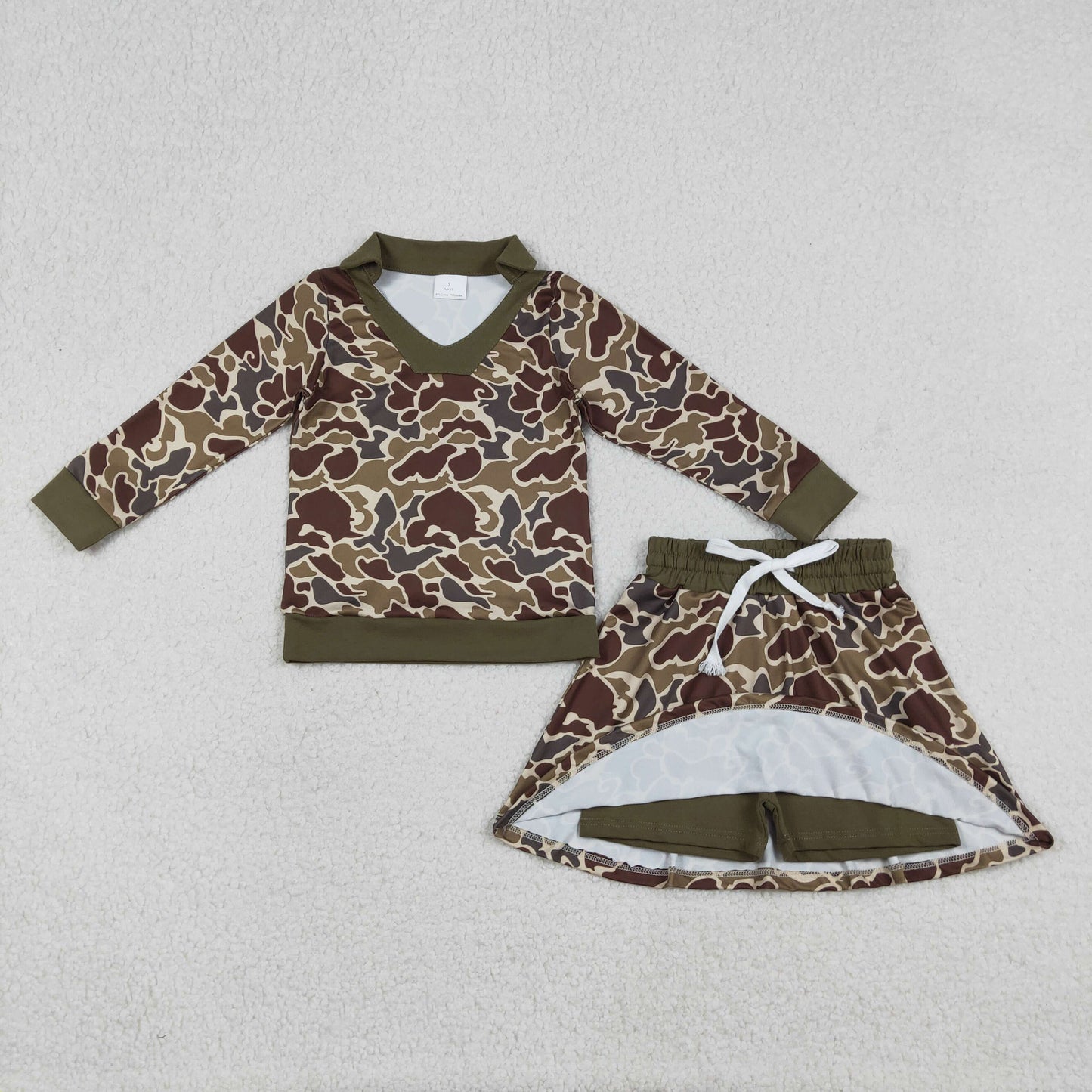 GLD1479 Dark Brown Camo Top Skirts Shorts Girls Hunting Clothes Set