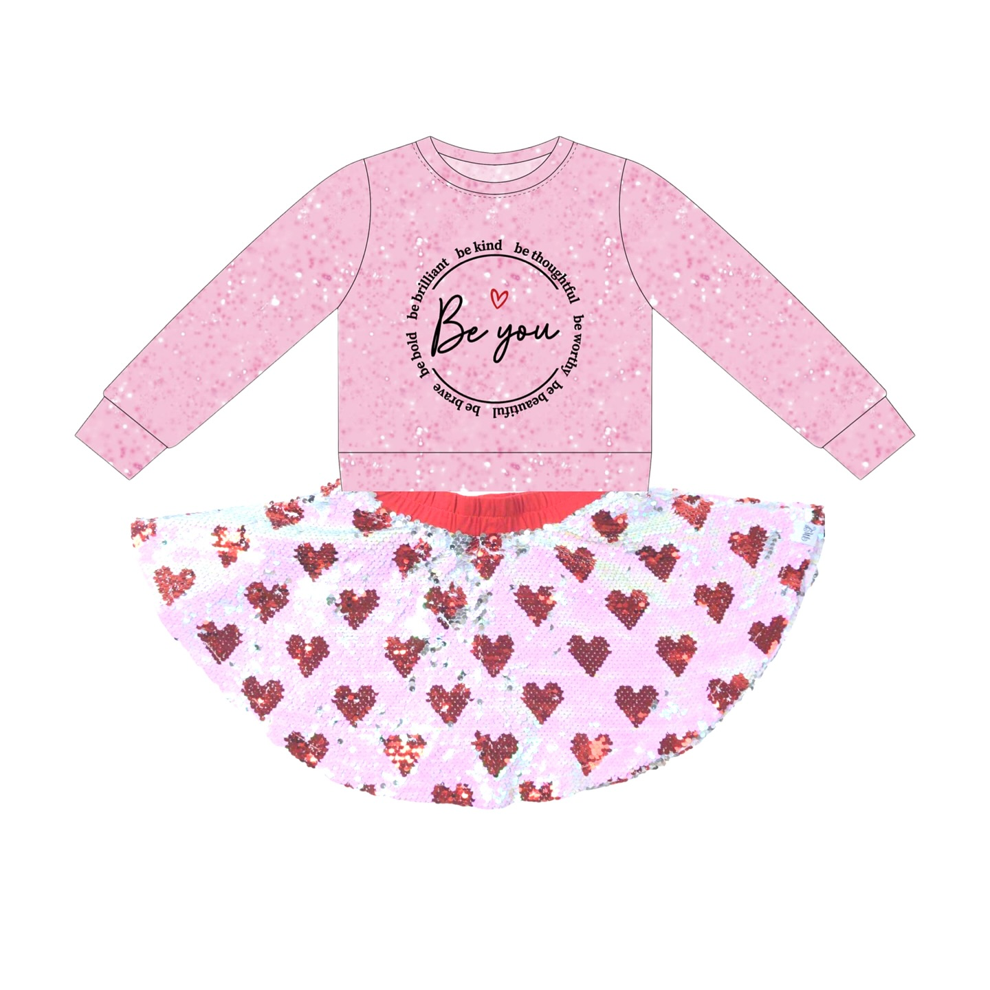 (Pre-order)GLD1501 Be You Pink Top Heart Sequin Skirts Girls Valentine's Day Clothes Set