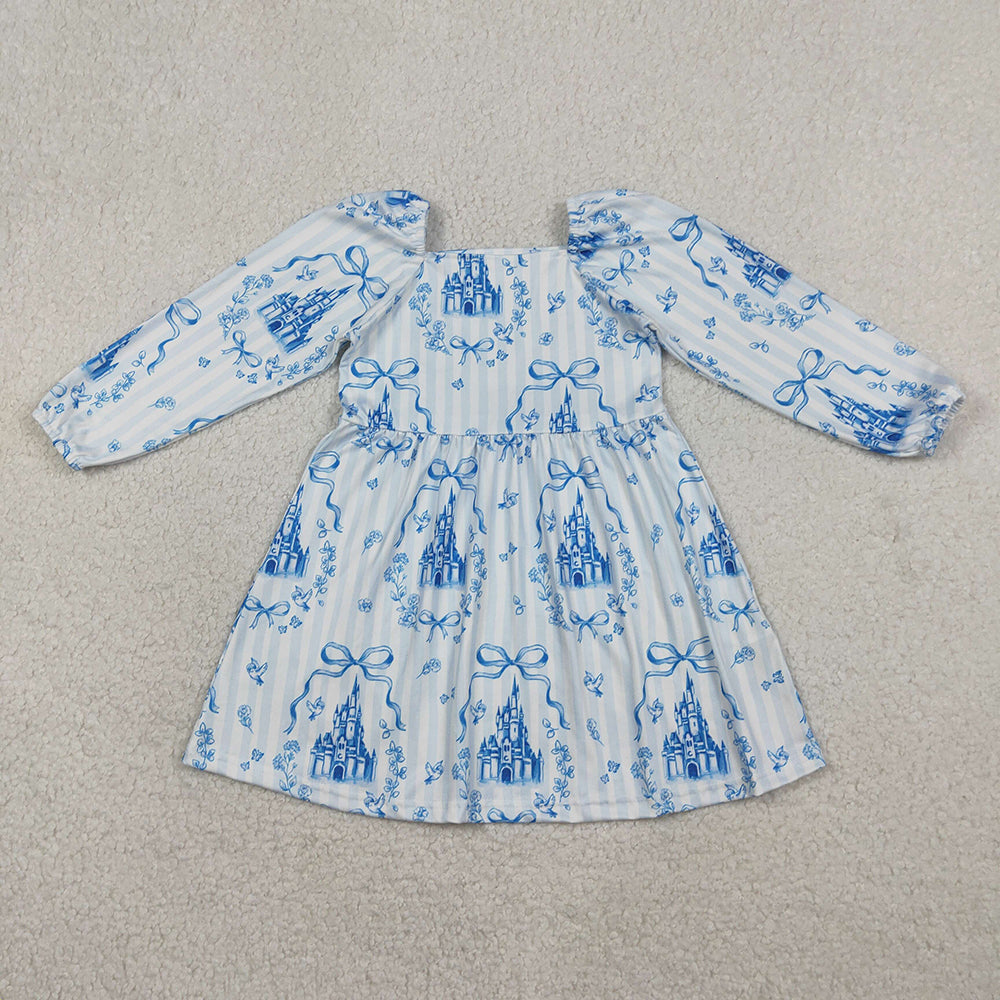 GLD1567 Castle Bows Blue Print Girls Knee Length Dress