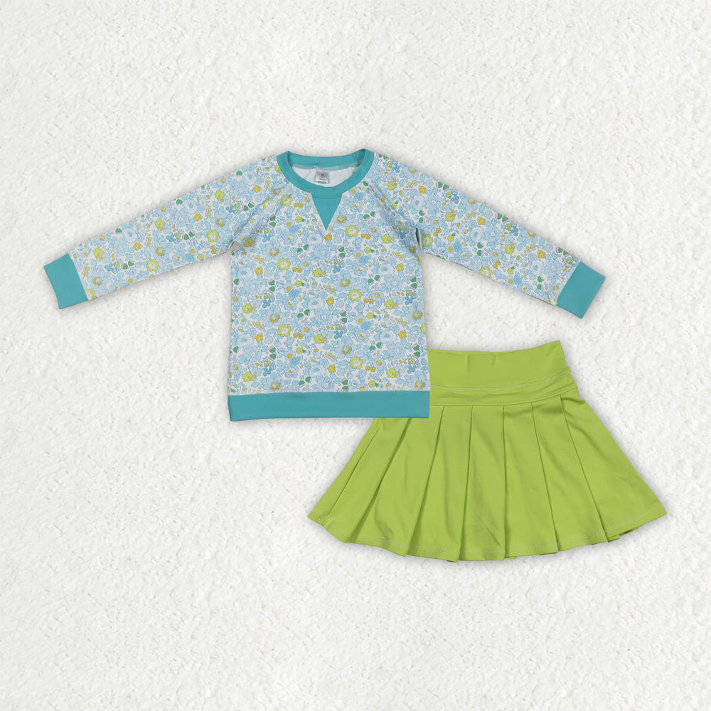 GLD1570 Flowers Top Green Skirts Shorts Girls Yoga Clothes Set