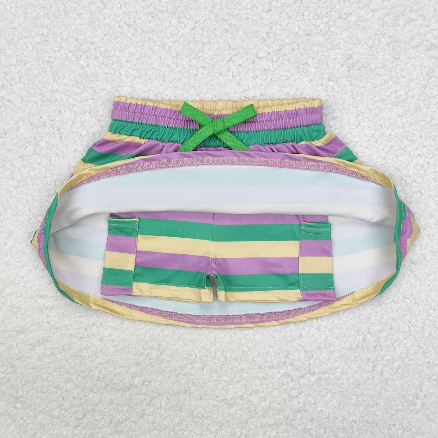 GLK0037 Purple Green Stripes Print Girls Mardi Gras Skirts With Pockets Shorts