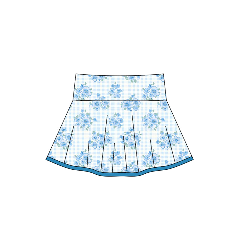 (Pre-order)GLK0103 Blue Flowers Plaid Print Girls Summer Bottom Yoga Skirts