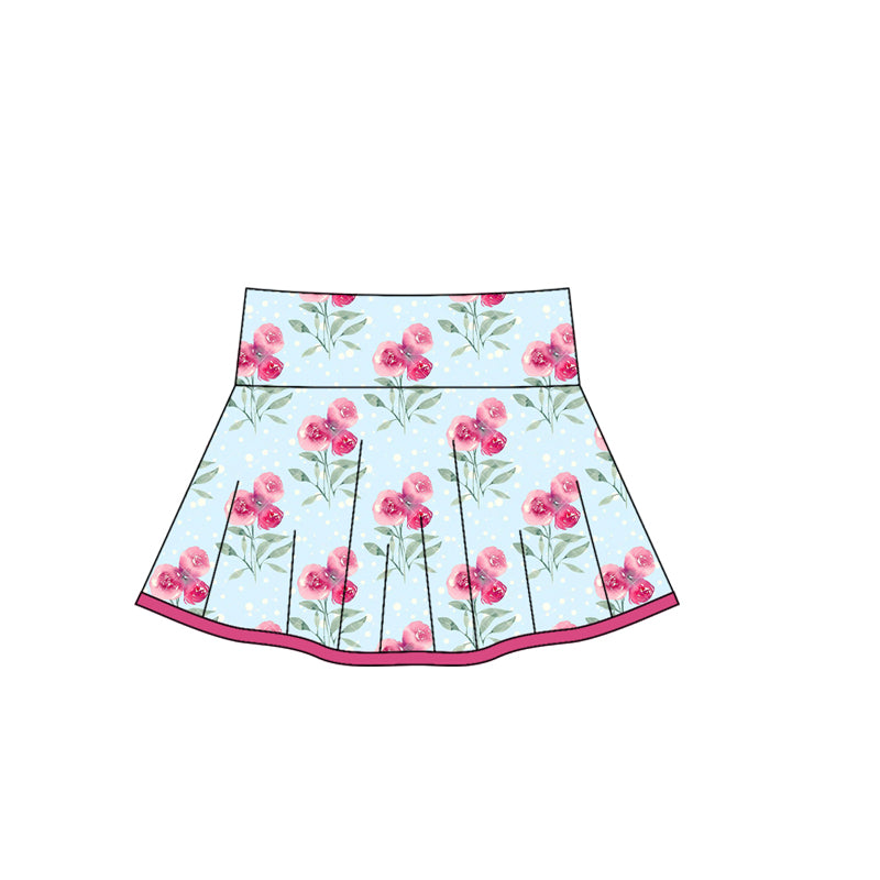 (Pre-order)GLK0105 Pink Flowers Blue Print Girls Summer Bottom Yoga Skirts