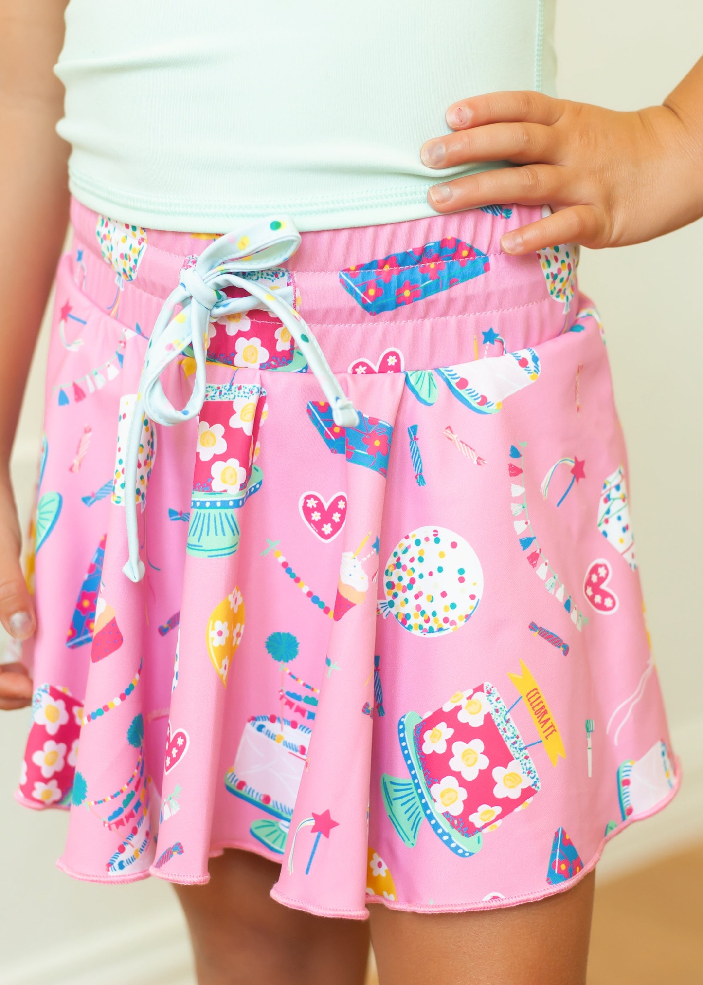 (Pre-order)GLK0170 Cake Flowers Print Girls Happy Birthday Bottom Yoga Skirts