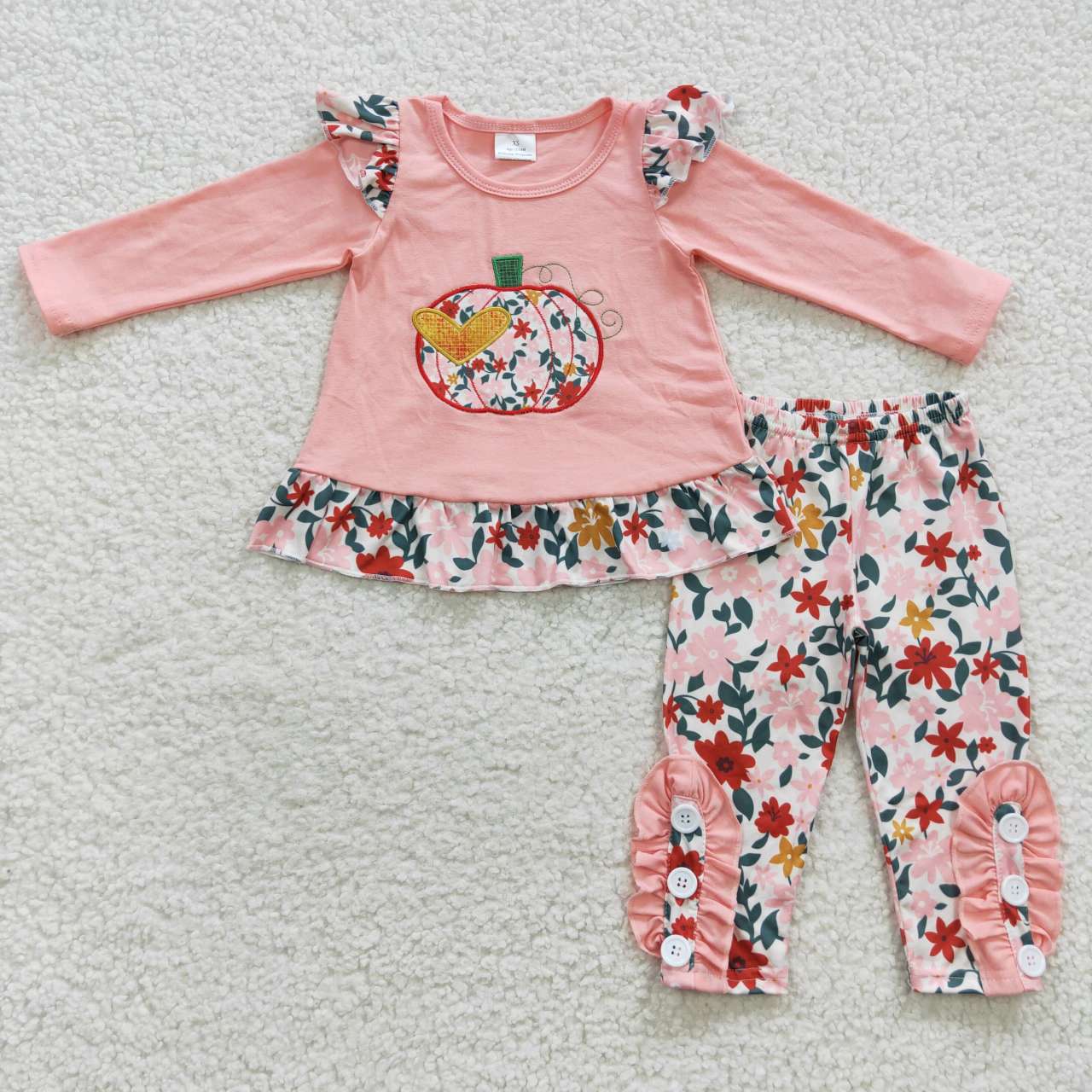 GLP0426 Long sleeve pink flowers pumpkin embroidery girls fall clothes set