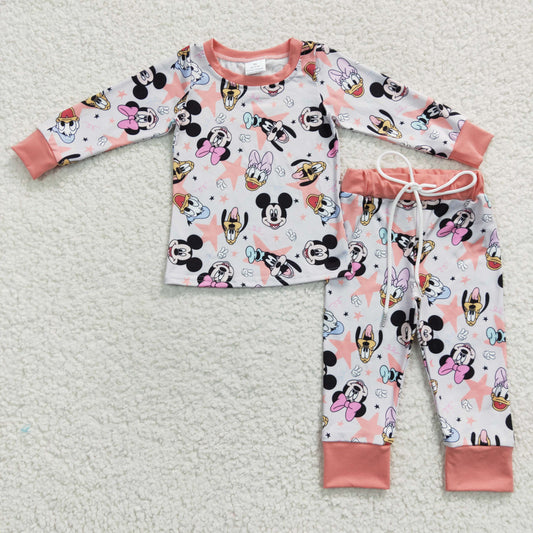 GLP0434 Girls long sleeve pink cartoon animals print pajamas