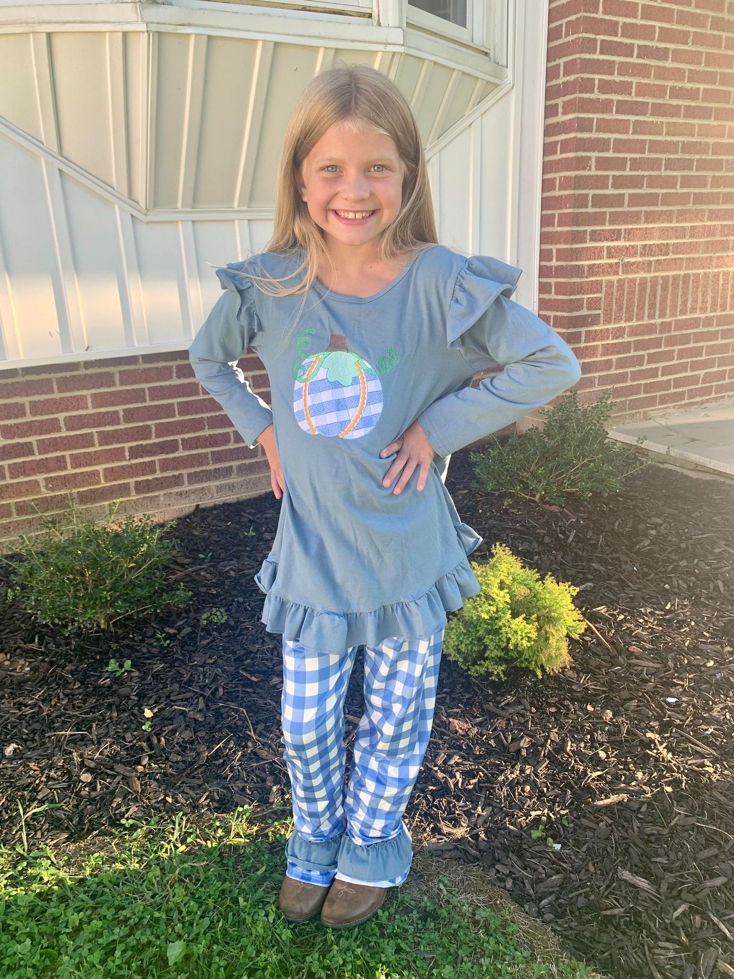 GLP0439 Girls blue plaid pants fall pumpkin embroidery top clothing sets