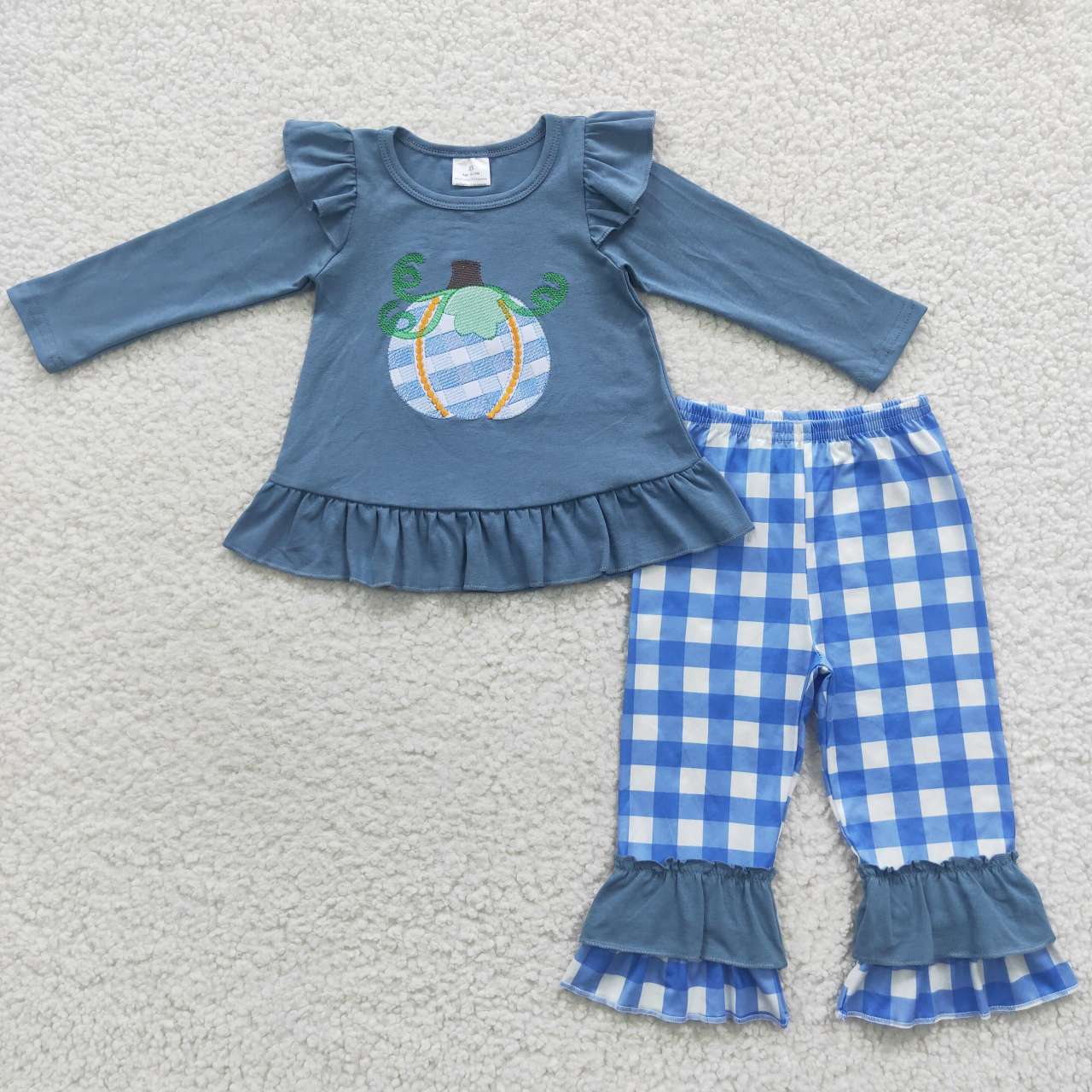 GLP0439 Girls blue plaid pants fall pumpkin embroidery top clothing sets