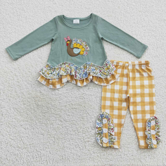 GLP0442 Turkey embroidery ruffles tunic top orange plaid legging pants girls Thanksgiving clothes set