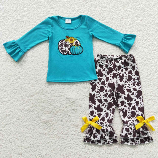 GLP0461 Girls blue top cow print pumpkin embroidery clothes set